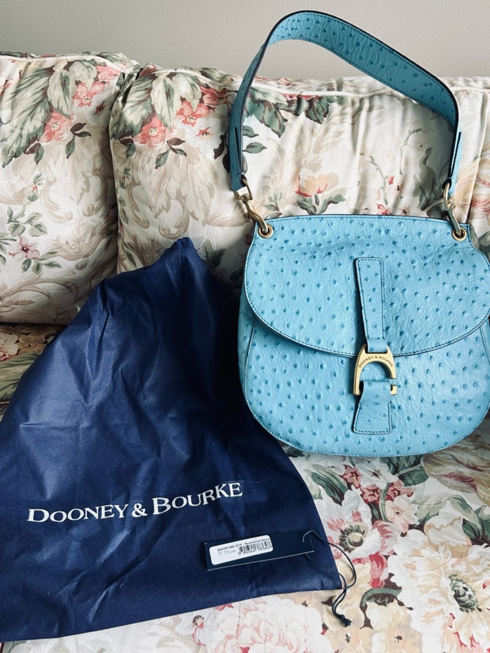 Dooney & Bourke Pool Blue Ostrich North/South Rees Bag with Gold Hardware EUC
